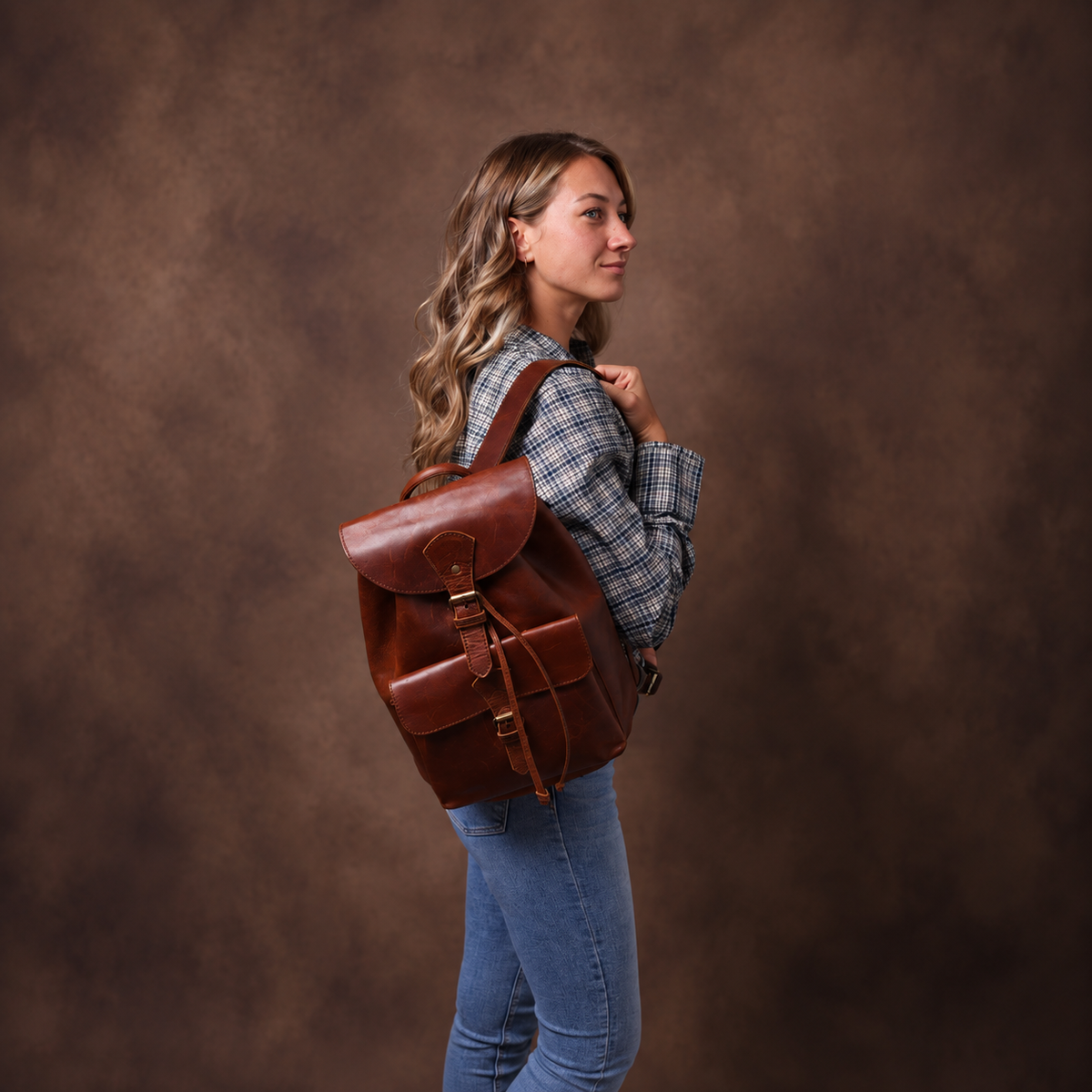 Rucksack aus vollnarbigem Büffelöl-Pullup-Leder für Damen